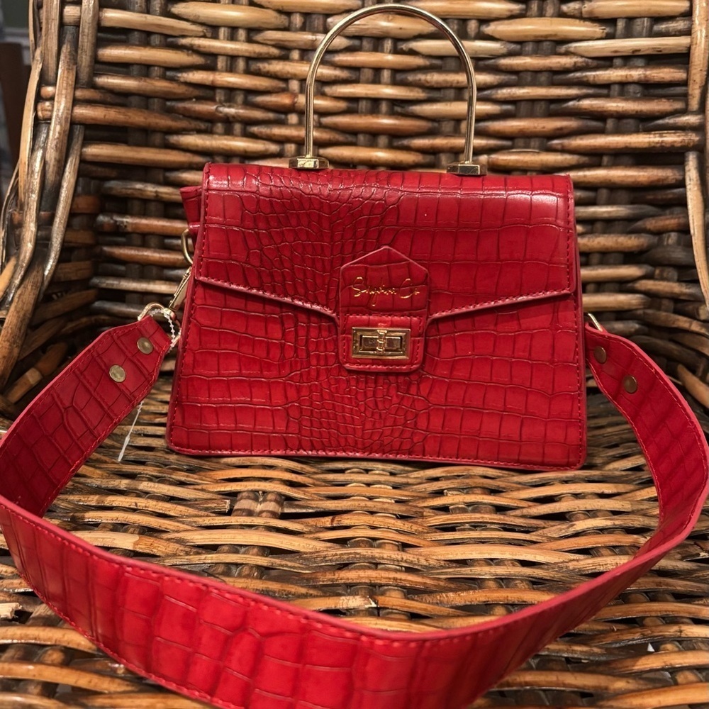 Shy Diva Co Red Croc-Embossed Women's Bag with gold details .